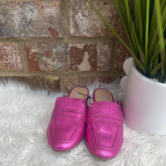 New Harper Canyon Girls Fuchsia Pink Leather Loafer Metallic Slip On Mules Sz. 2 - Picture 1 of 6